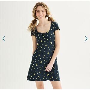 Floral Cinch Front Mini Dress Cottagecore Y2K Babydoll Fit Stretchy knit L Y2K